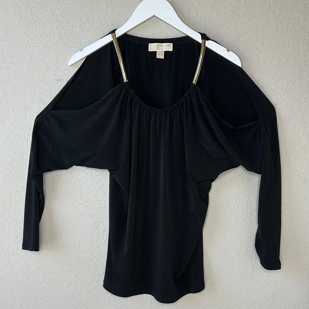 Michael Michael Kors Black w/‎ Gold Chain Shoulder Straps Long Sleeve Top Size